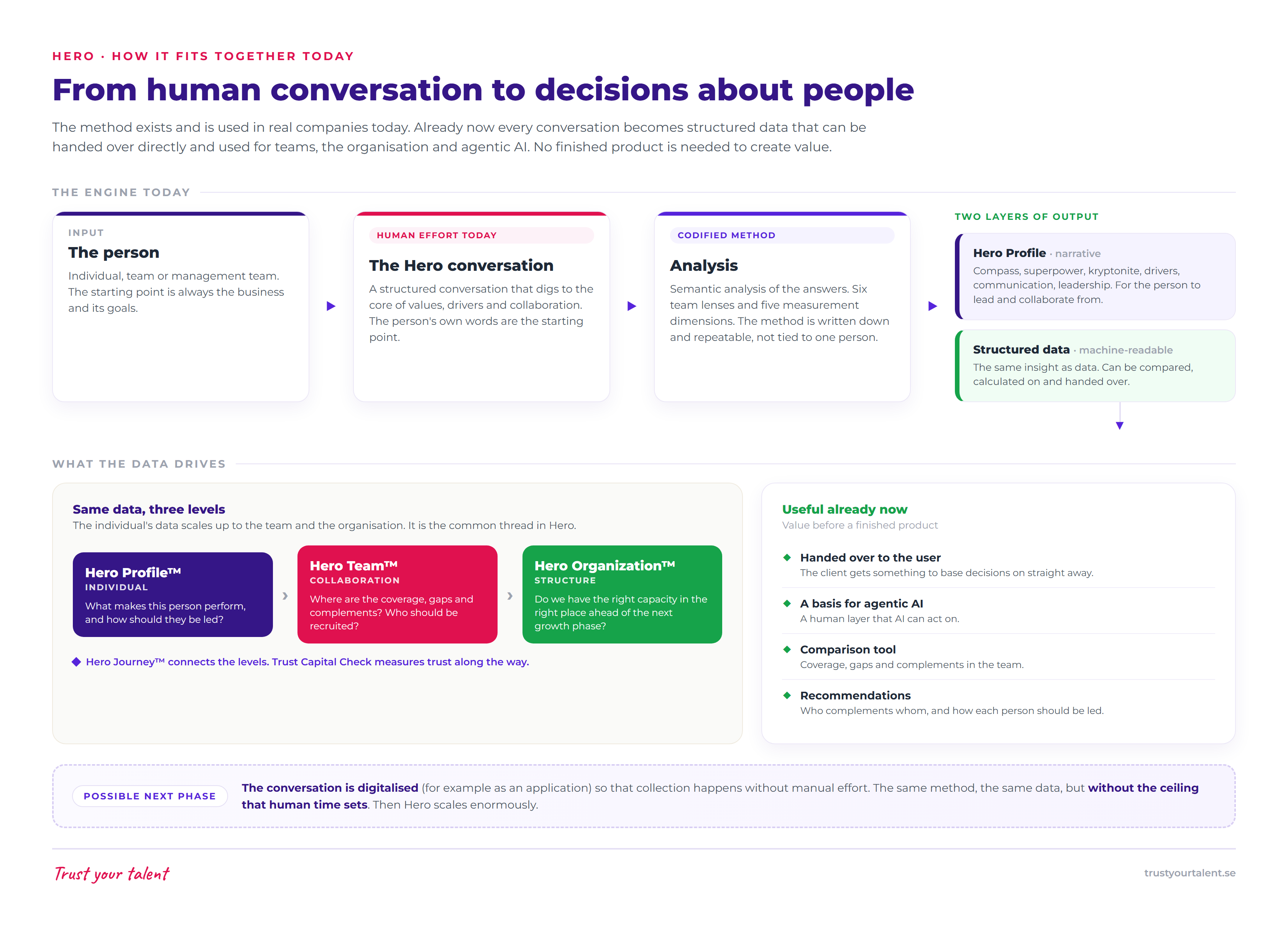 How Hero fits together: from the person, via the Hero conversation and codified analysis, to data that drives the team, the organisation and agentic AI.