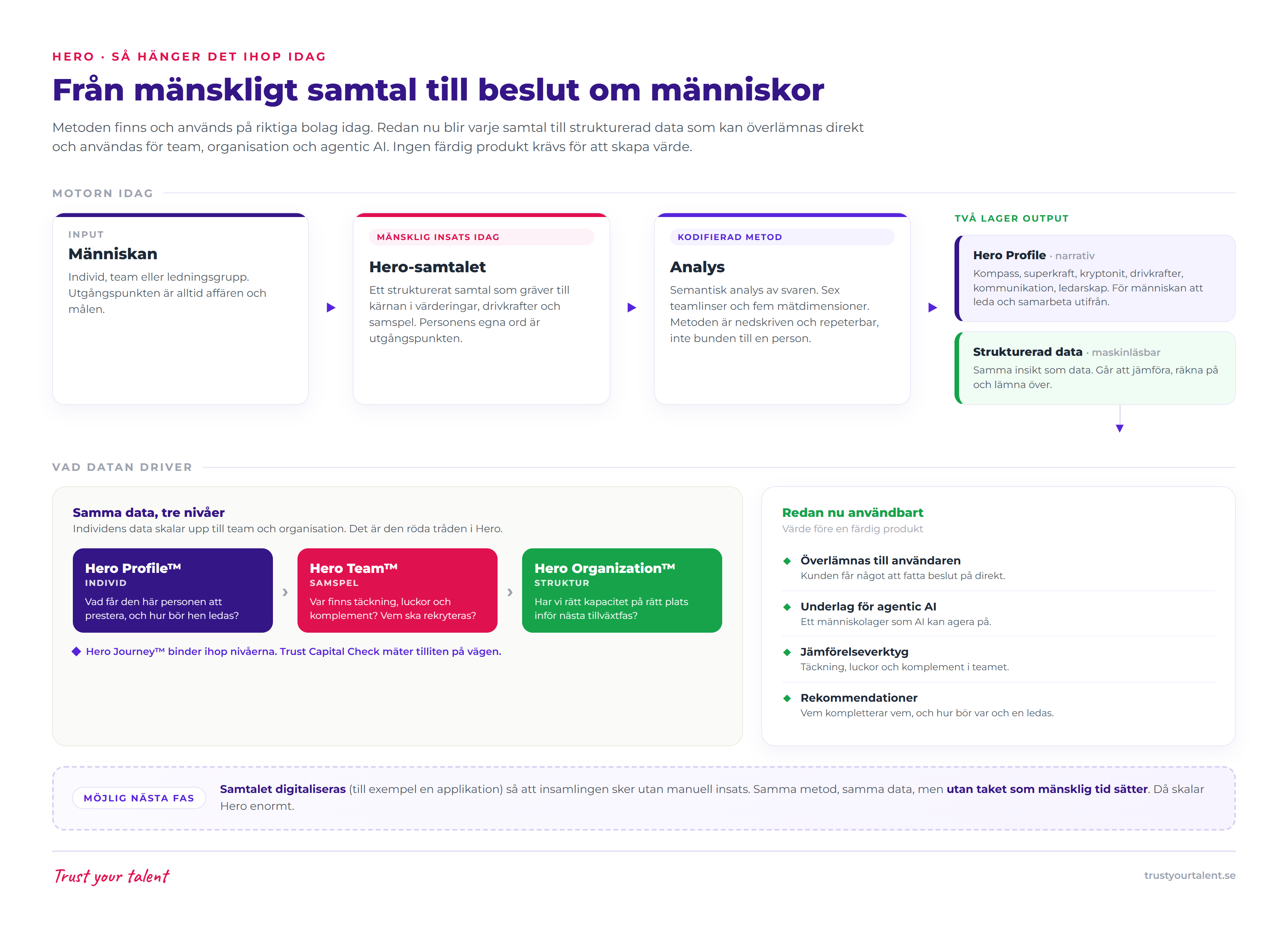 Hero, så hänger det ihop: från människa via Hero-samtal och kodifierad analys till tvålagersoutput och data som driver team, organisation och agentic AI.